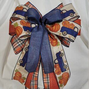 Blue Pumpkin Truck w/Plaid Lantern Bow, Summer Fall Bow, Farmhouse Welcome Bow
